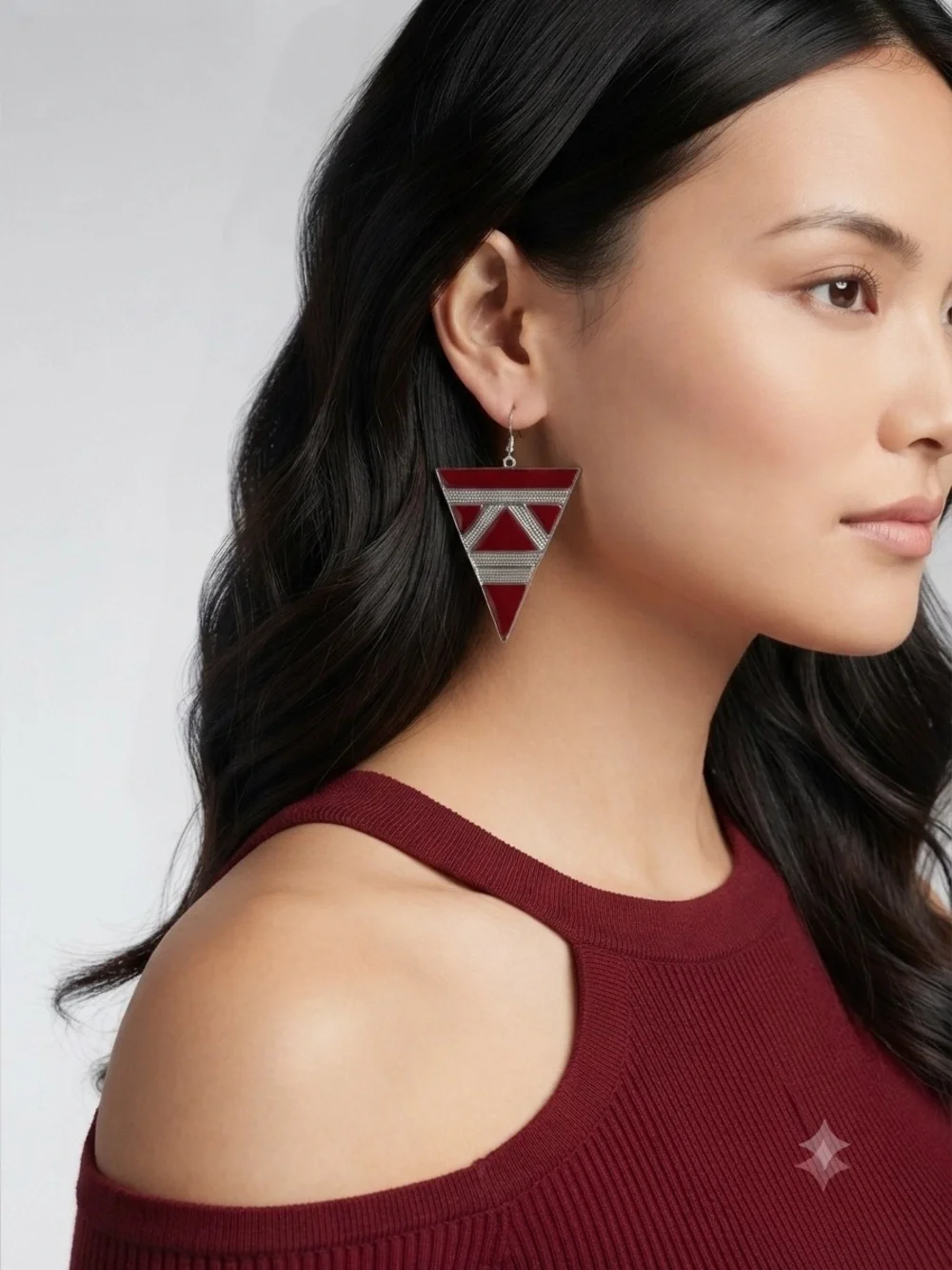 Red Silver Triangle Drop Earrings | Geometric Art Deco Statement